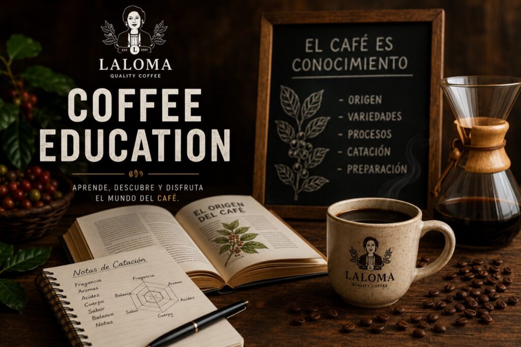Coffee Education display with La Loma coffee, tasting notes, brewing tools, and Salvadoran coffee topics.