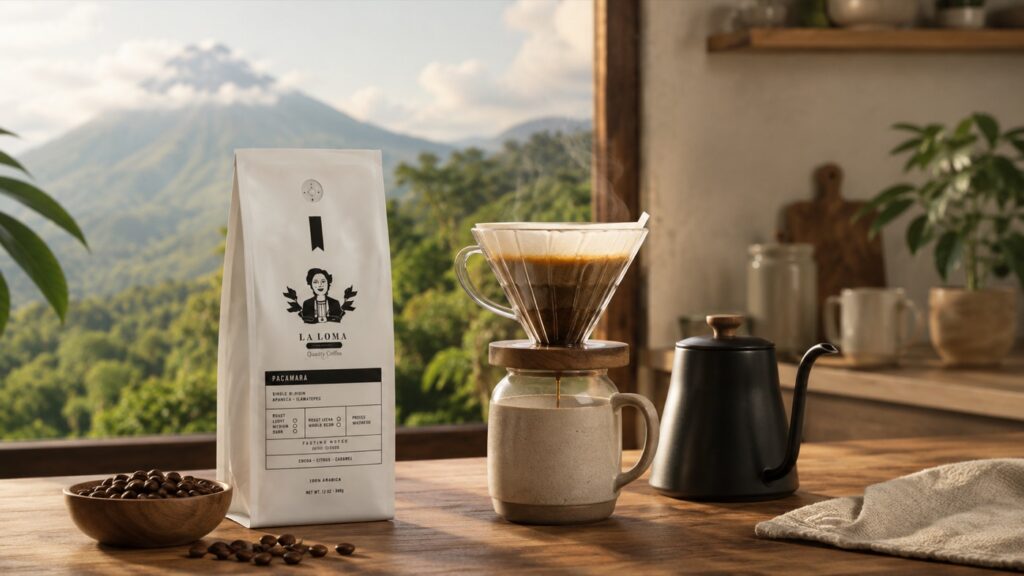 Pacamara coffee bag with pour-over brewer overlooking Salvadoran mountains.