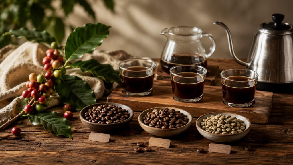 Coffee cherries, roasted beans, green coffee, and tasting cups for Bourbon, Pacamara, and Geisha varieties.