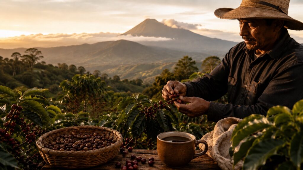 Salvadoran coffee producer harvesting ripe coffee cherries on a mountain farm.